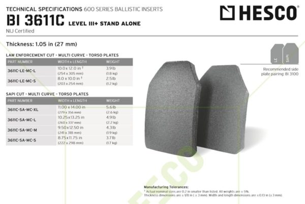 HESCO 3611C - 600 Series Armor Level 3+ Stand Alone Plate - Polyurea Coated (PAIR PRICING)