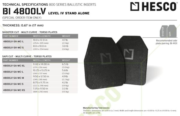 HESCO 4800LV - 800 Series Armor Lightweight Level 4 Plate Using Next Gen Materials and Technology (PAIR PRICING)