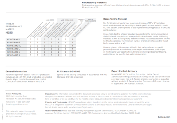 HESCO M210 - 200 Series Armor Level Rifle Special Threat Stand Alone Plate (PAIR PRICING)