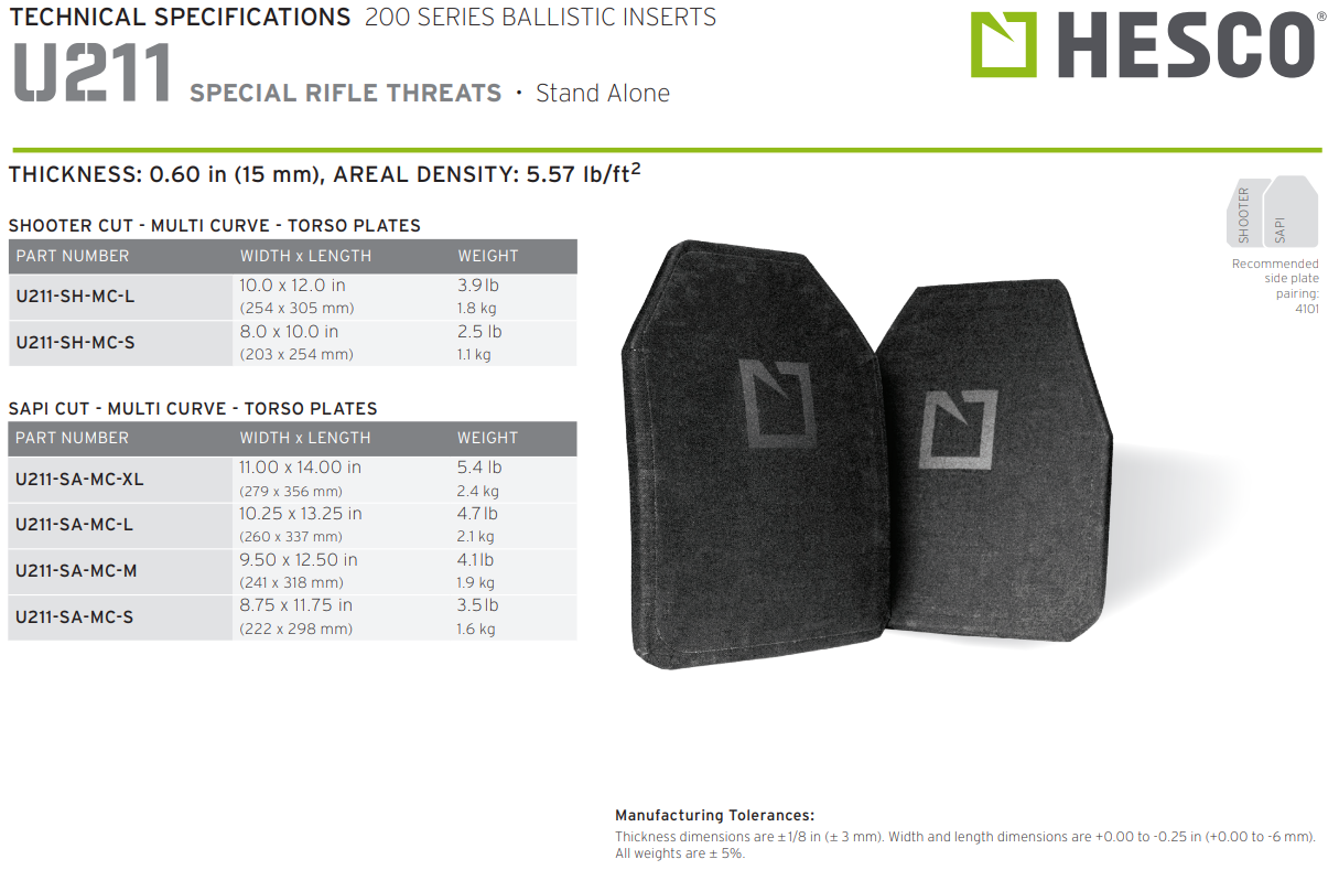 HESCO U211 - 200 Series Armor Level Rifle Special Threat Stand Alone Plate (PAIR PRICING)